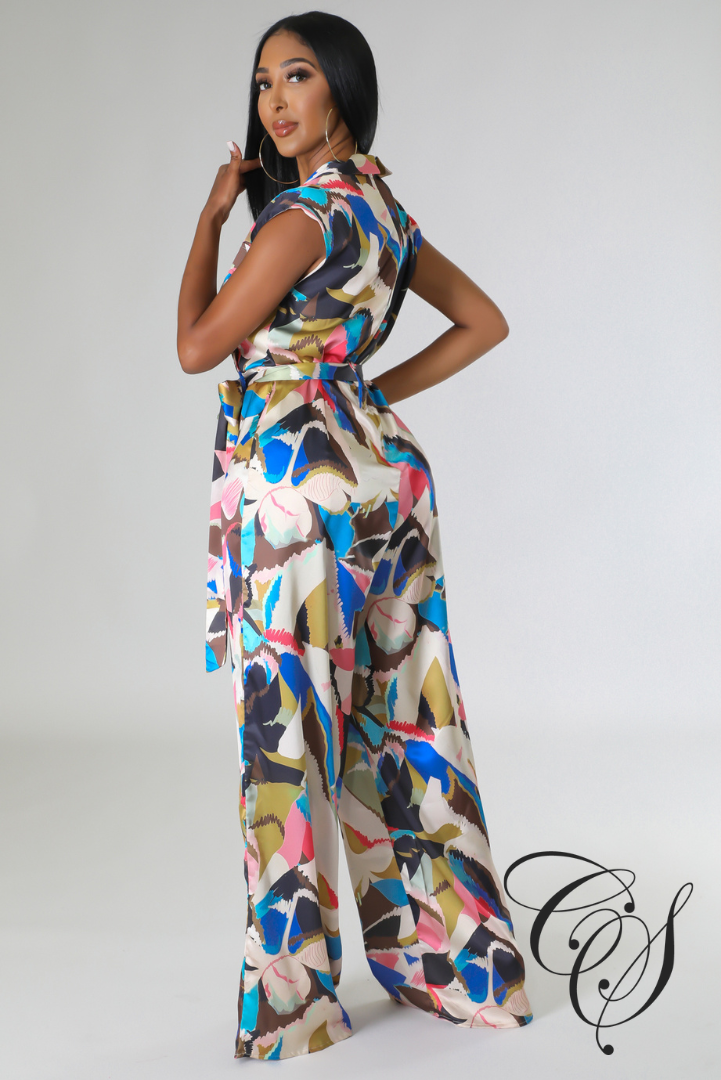 Janet Multi Abstract Print Plisse V-neck Sleeveless Jumpsuit