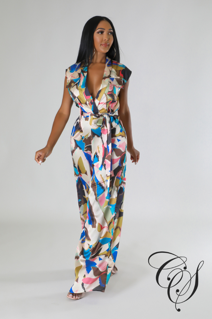 Janet Multi Abstract Print Plisse V-neck Sleeveless Jumpsuit