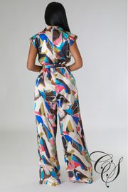 Janet Multi Abstract Print Plisse V-neck Sleeveless Jumpsuit