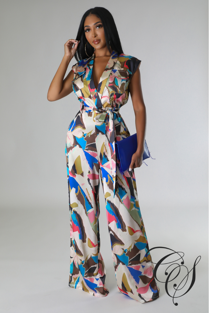 Janet Multi Abstract Print Plisse V-neck Sleeveless Jumpsuit