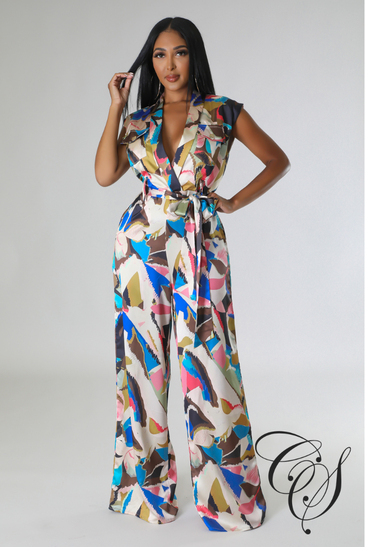 Janet Multi Abstract Print Plisse V-neck Sleeveless Jumpsuit