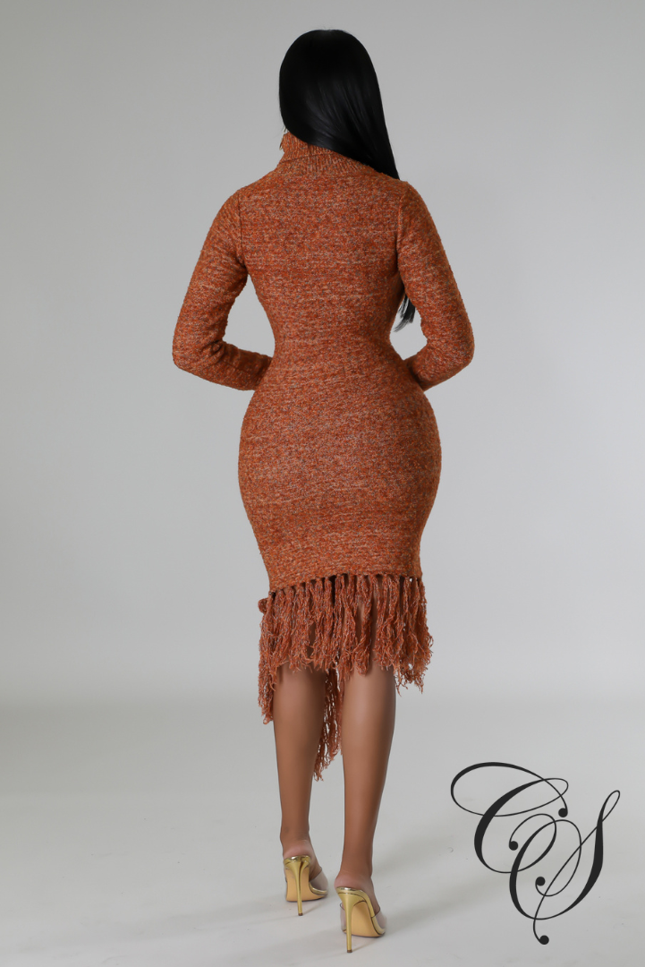 Mercedes Asymmetrical Fringed Knit Dress