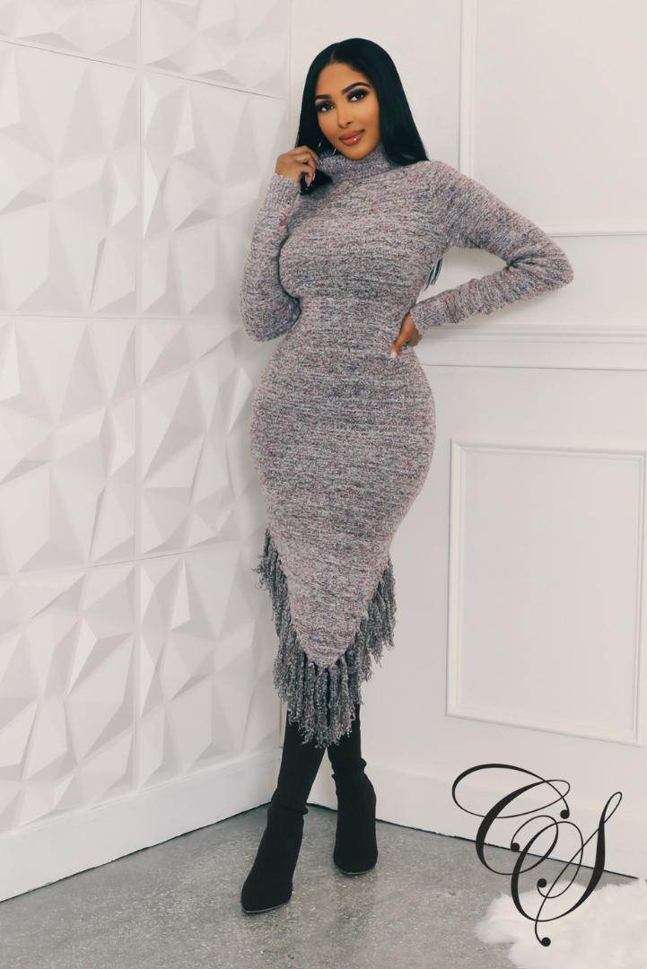 Mercedes Asymmetrical Fringed Knit Dress