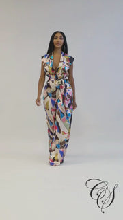 Janet Multi Abstract Print Plisse V-neck Sleeveless Jumpsuit