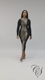 Lonia Contrast Leopard Print Long Sleeve Midaxi Dress