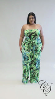 Mara Green Tropical Strapless Jumpsuit