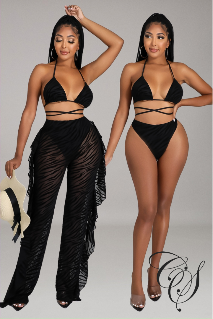 Ama 3pc Noir Burn Out Sheer Swimsuit Set