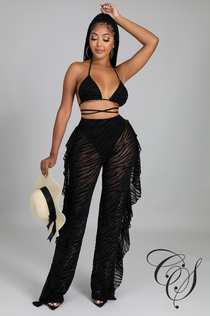 Ama 3pc Noir Burn Out Sheer Swimsuit Set