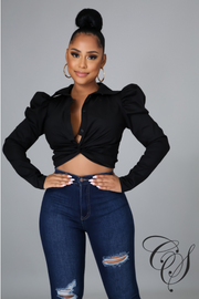 Amika Twist Front Puff Shoulder Long Sleeve Crop Shirt