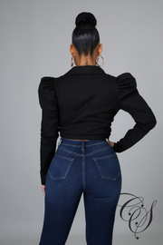 Amika Twist Front Puff Shoulder Long Sleeve Crop Shirt