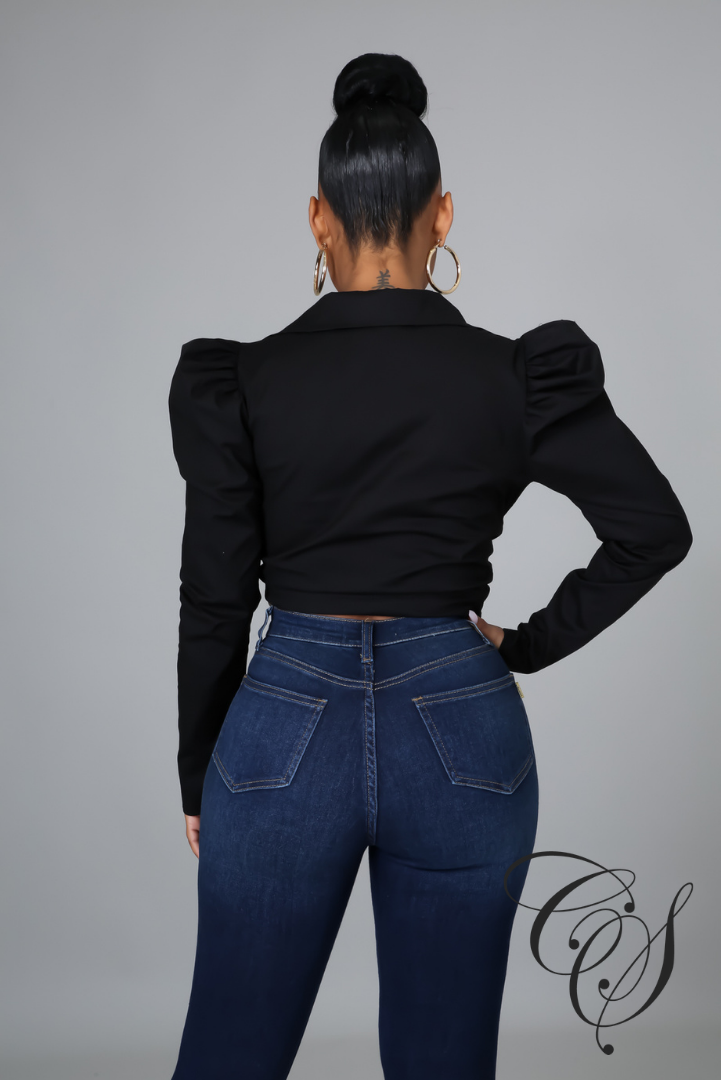 Amika Twist Front Puff Shoulder Long Sleeve Crop Shirt