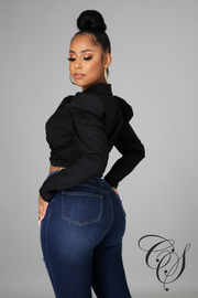 Amika Twist Front Puff Shoulder Long Sleeve Crop Shirt