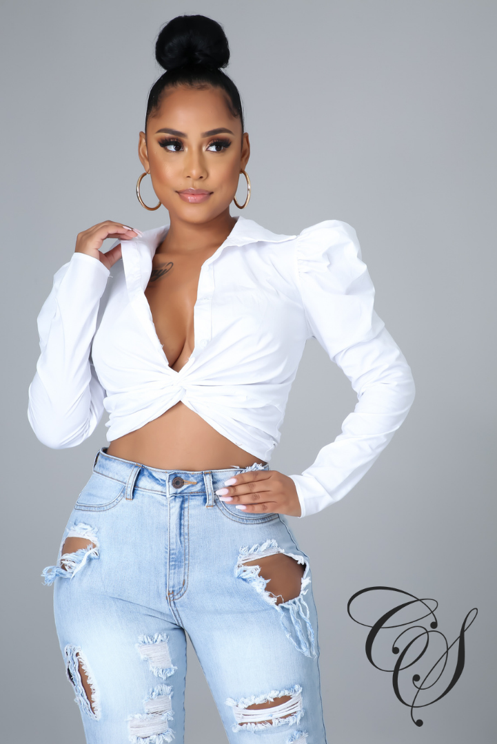 Amika Twist Front Puff Shoulder Long Sleeve Crop Shirt