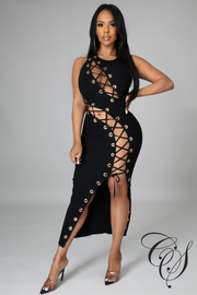 Brit Ribbed Knit Lace Up Midi Dress