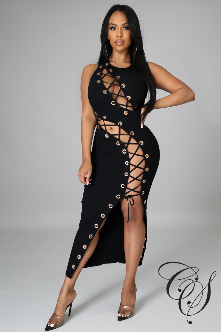 Brit Ribbed Knit Lace Up Midi Dress