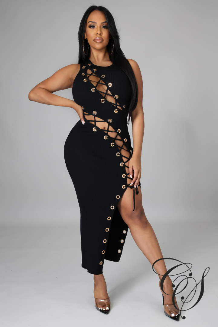 Brit Ribbed Knit Lace Up Midi Dress