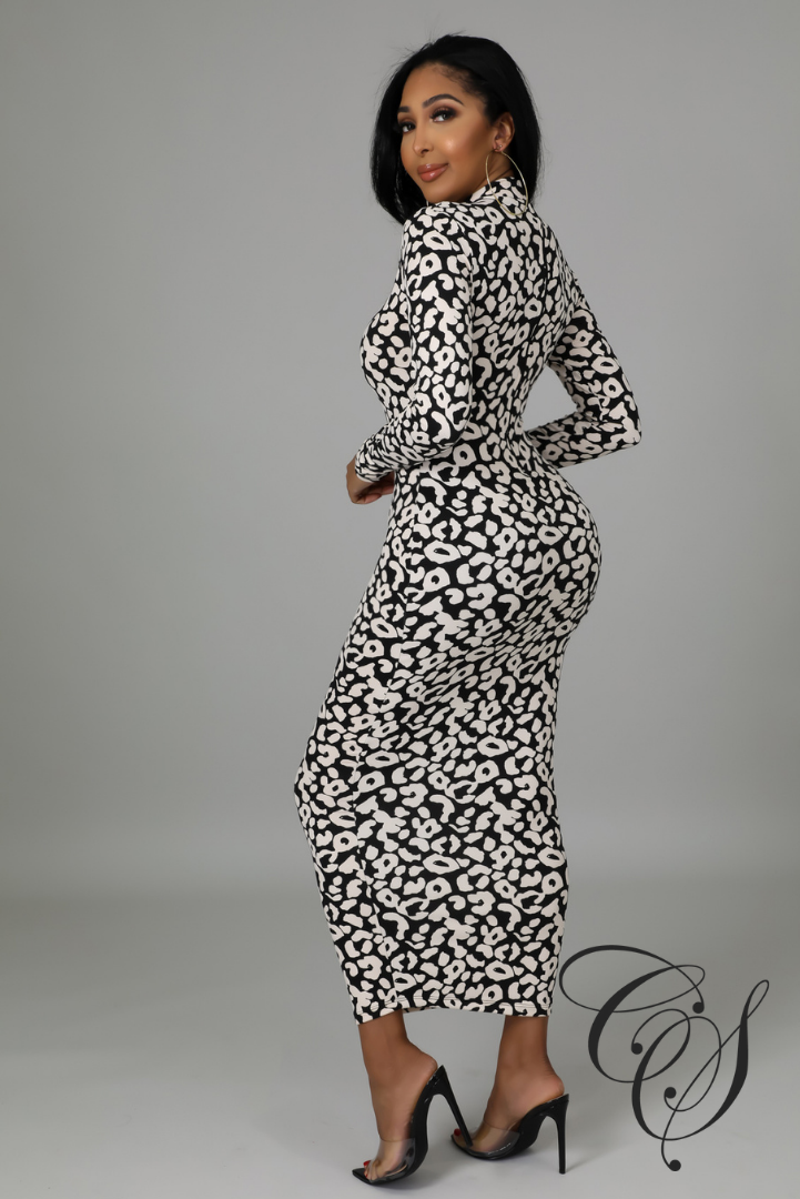 Cami Monochrome Leopard Print Long Sleeve Bodycon Dress