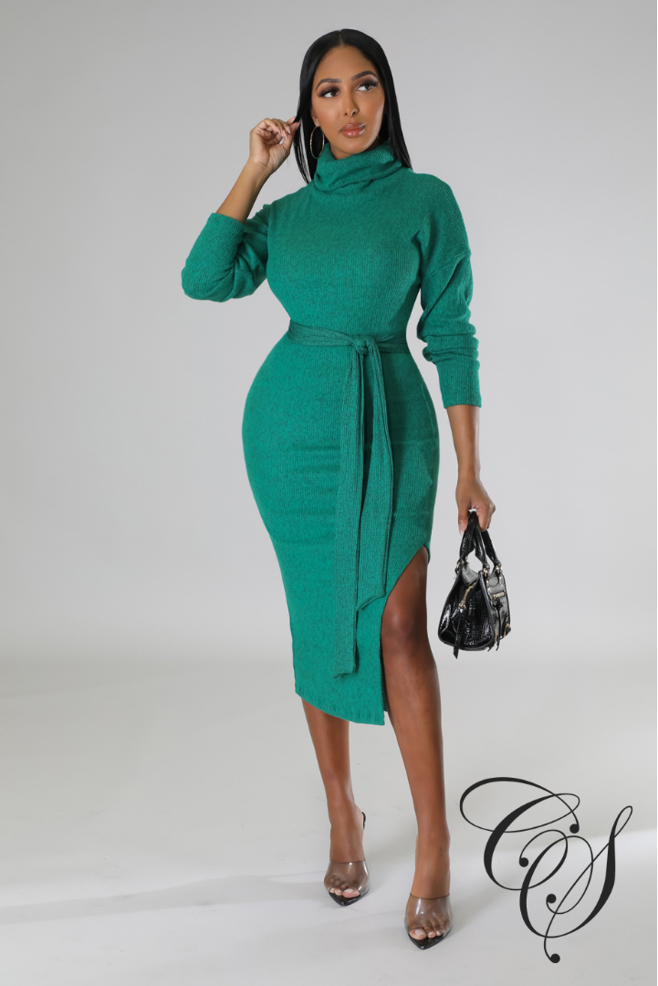 Cantrice Turtle Neck Split Knit Midi Dress