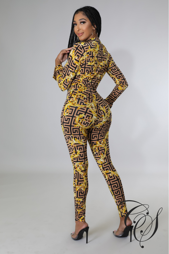 Challan Baroque Print Bodysuit Legging Set