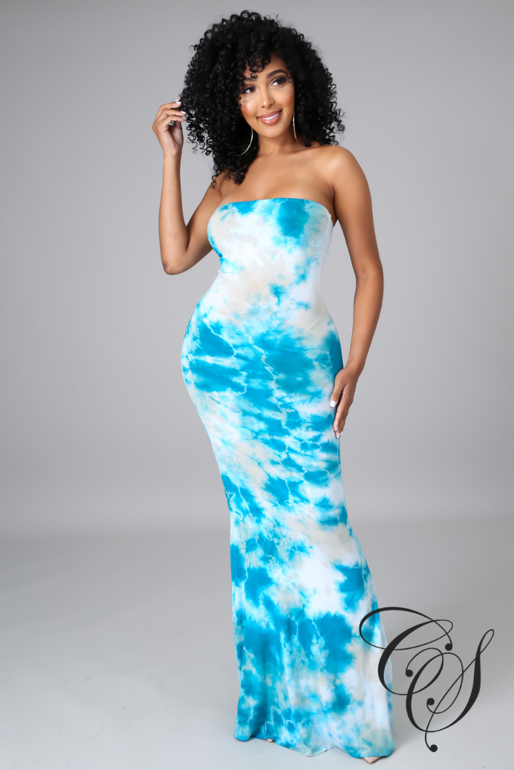 Charleigh Blue Tie Dye Print Tube Maxi Dress