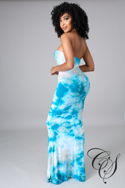 Charleigh Blue Tie Dye Print Tube Maxi Dress