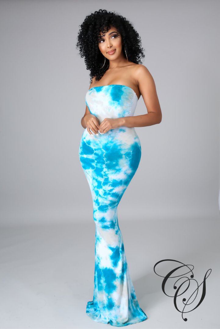 Charleigh Blue Tie Dye Print Tube Maxi Dress