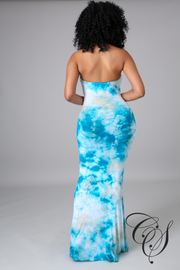 Charleigh Blue Tie Dye Print Tube Maxi Dress