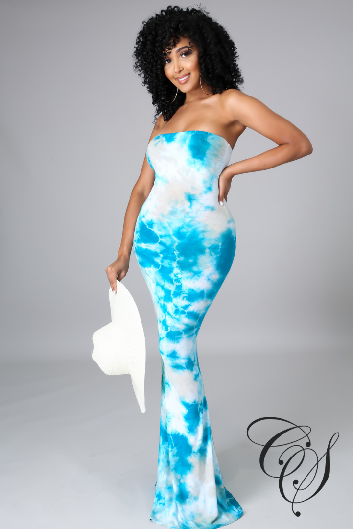 Charleigh Blue Tie Dye Print Tube Maxi Dress