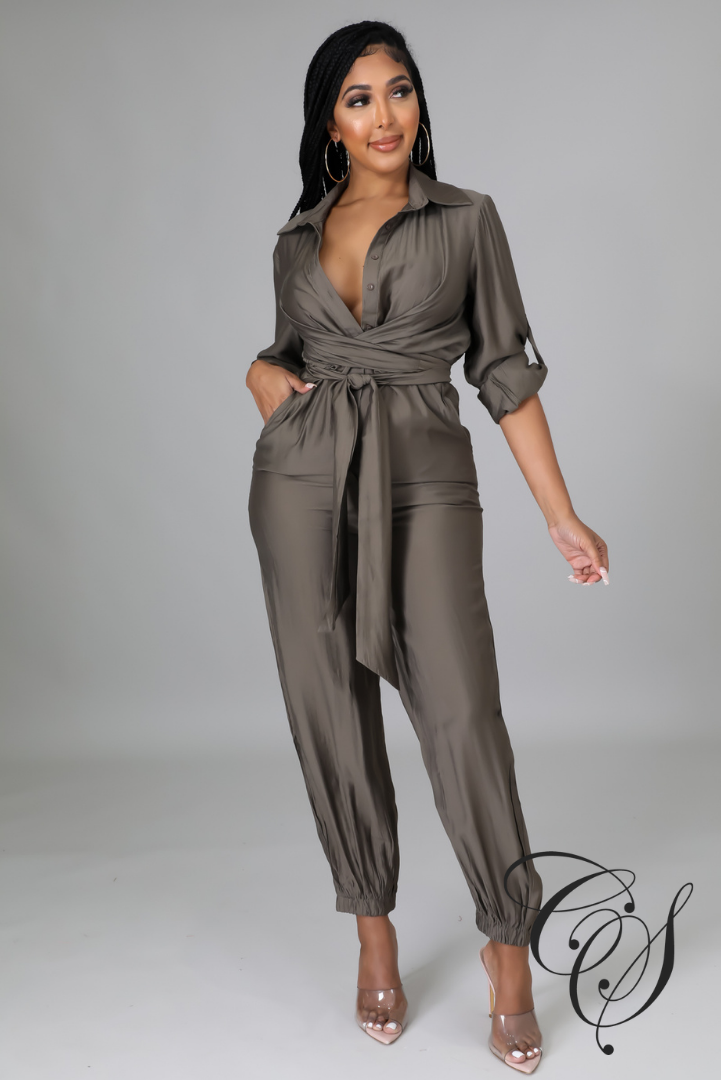Colette Button Down Criss Cross Belted Tie Jumpsuit