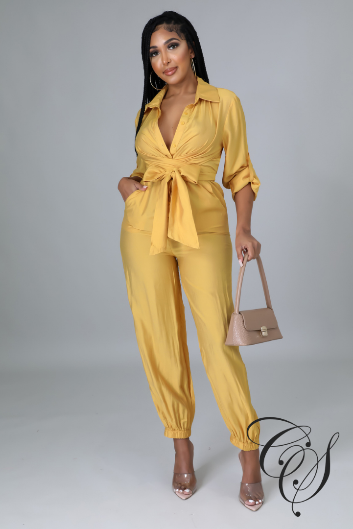 Colette Button Down Criss Cross Belted Tie Jumpsuit