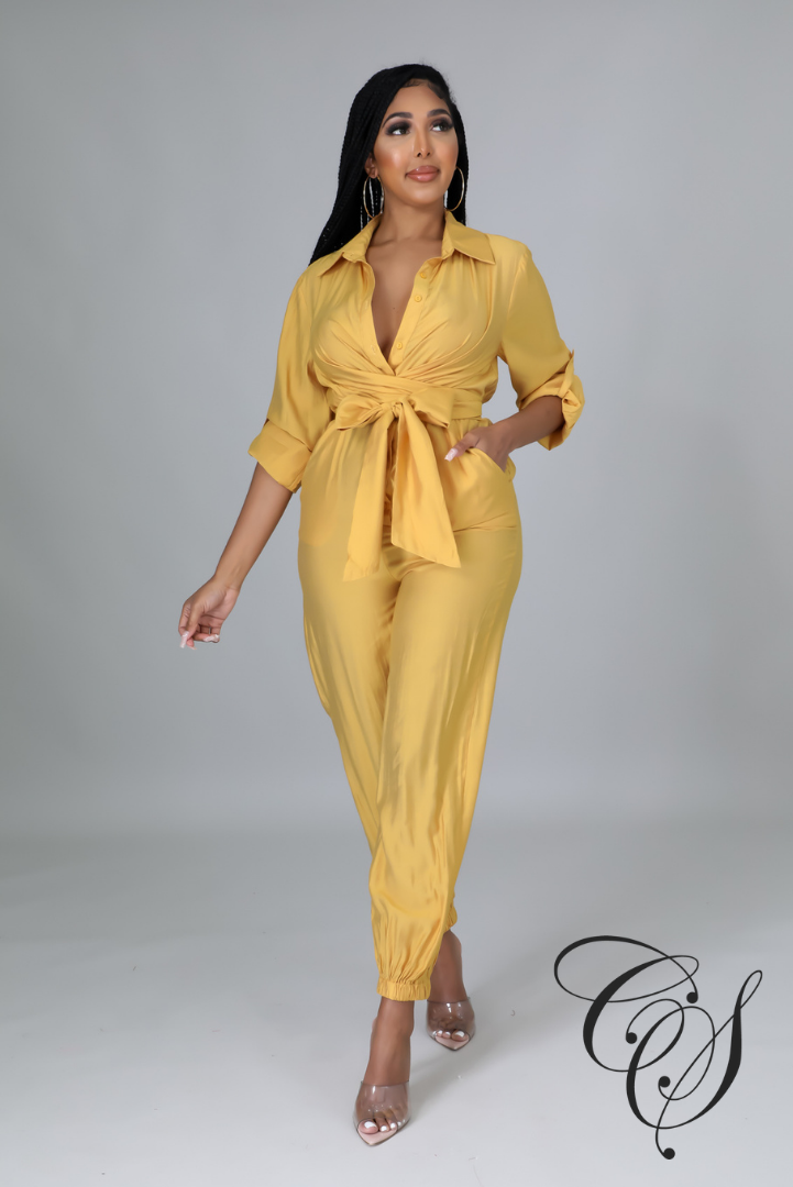 Colette Button Down Criss Cross Belted Tie Jumpsuit