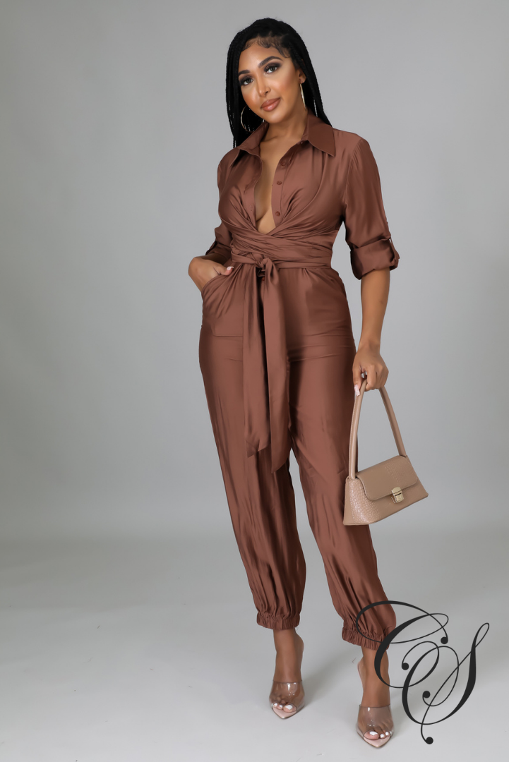 Colette Button Down Criss Cross Belted Tie Jumpsuit