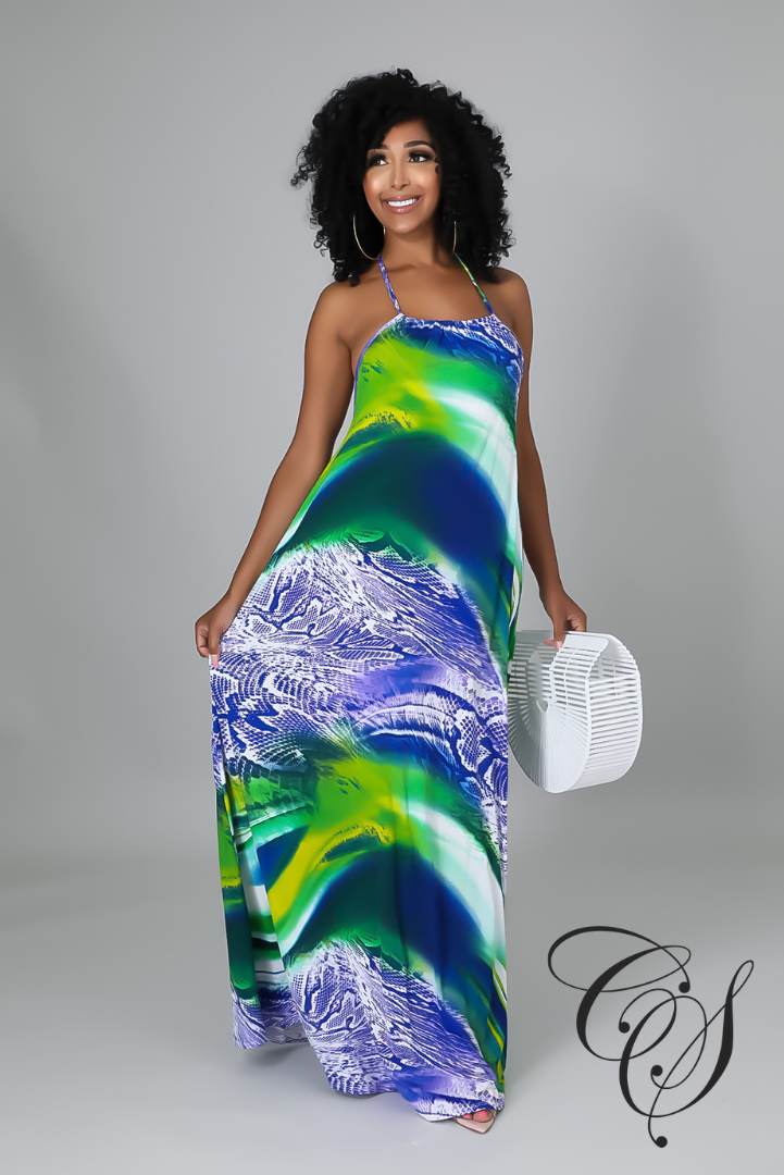 Dallas Multi Abstract Print Halterneck Maxi Dress