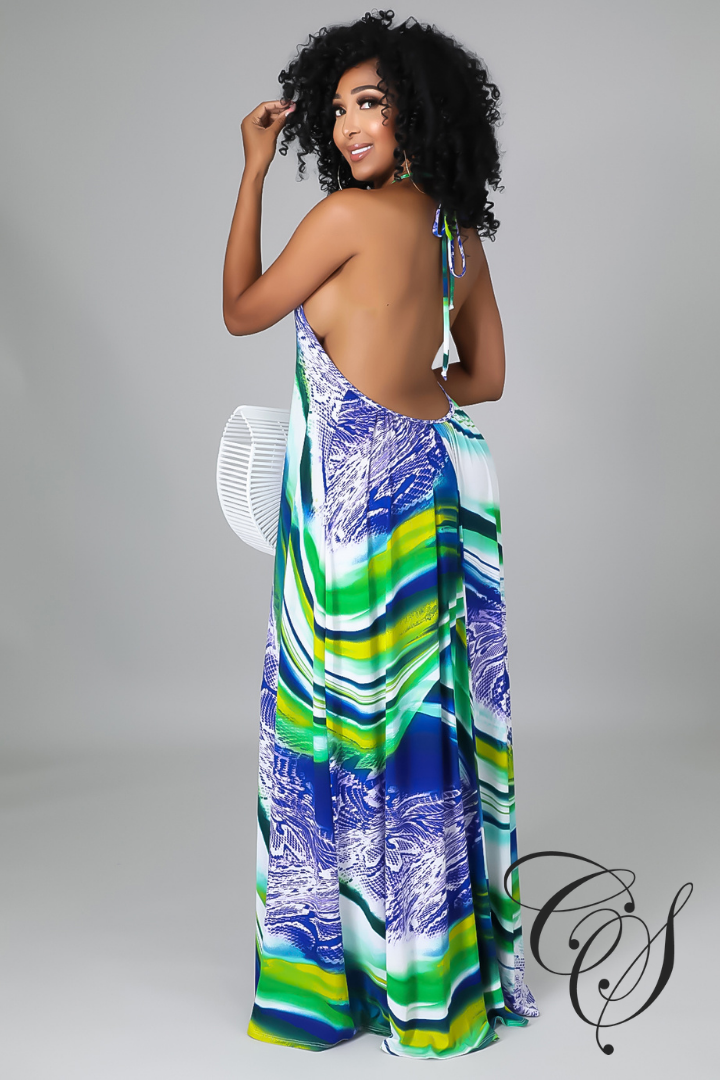 Dallas Multi Abstract Print Halterneck Maxi Dress