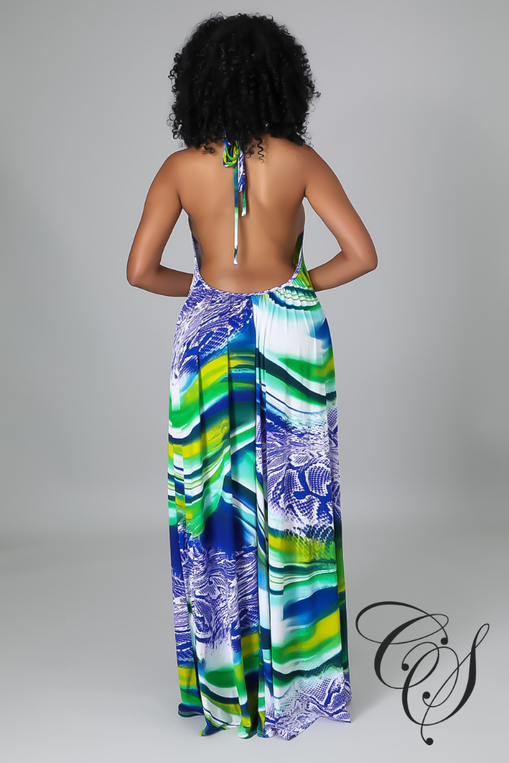 Dallas Multi Abstract Print Halterneck Maxi Dress