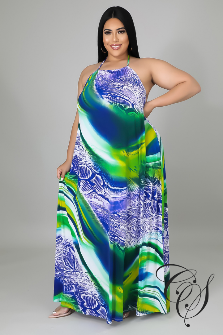 Dallas Multi Abstract Print Halterneck Maxi Dress