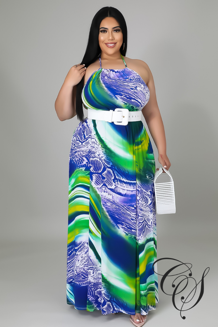 Dallas Multi Abstract Print Halterneck Maxi Dress