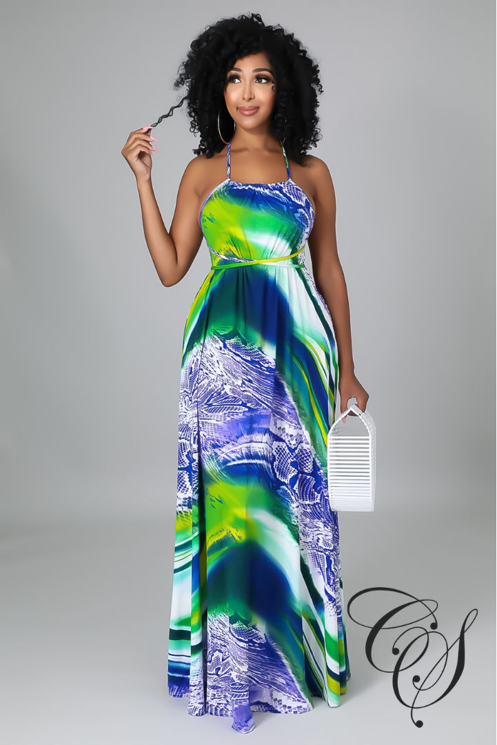 Dallas Multi Abstract Print Halterneck Maxi Dress