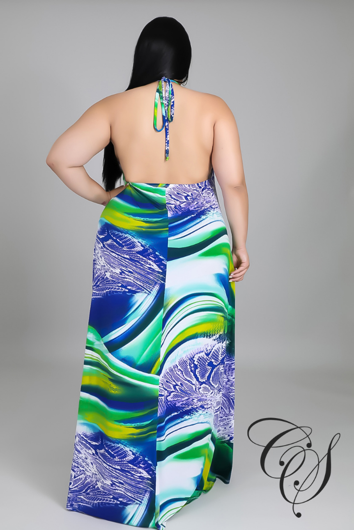 Dallas Multi Abstract Print Halterneck Maxi Dress