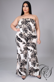 Daria Tropical Leaf Print Tube Top Jumpsuit