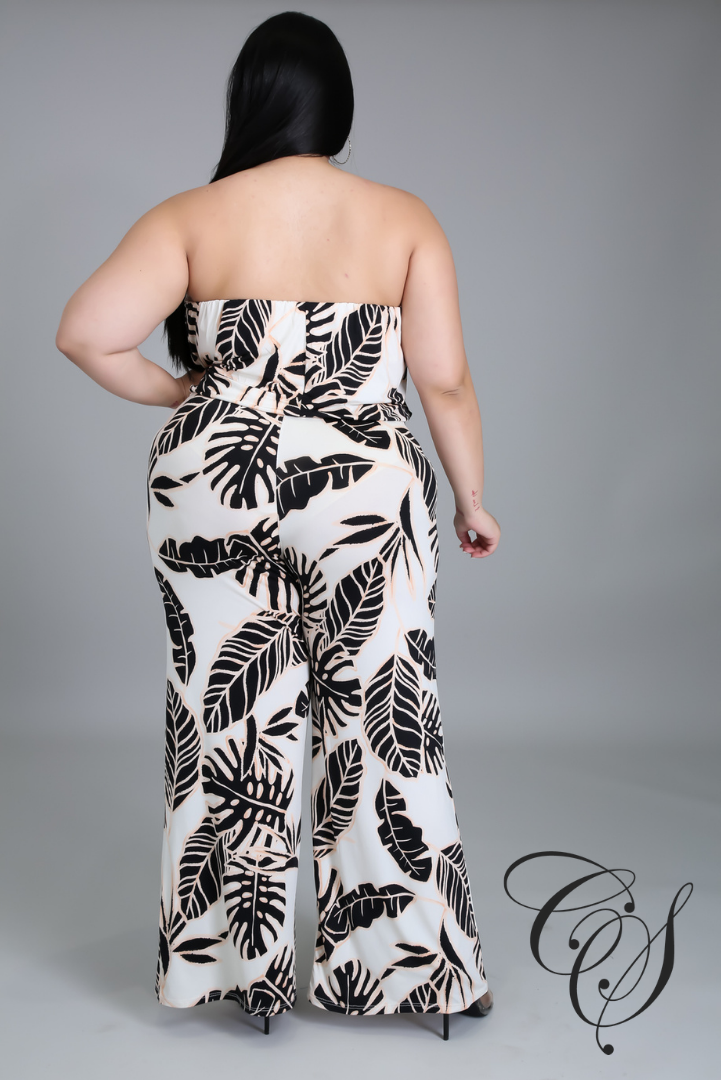 Daria Tropical Leaf Print Tube Top Jumpsuit