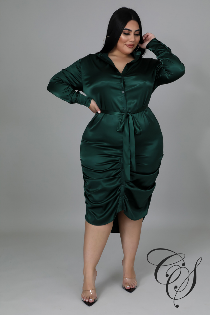 Dionne Satin Ruched Shirt Dress