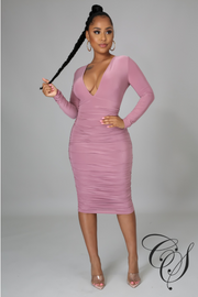 Dylan Ruched Deep V Double Layer Dress With Shirred Skirt