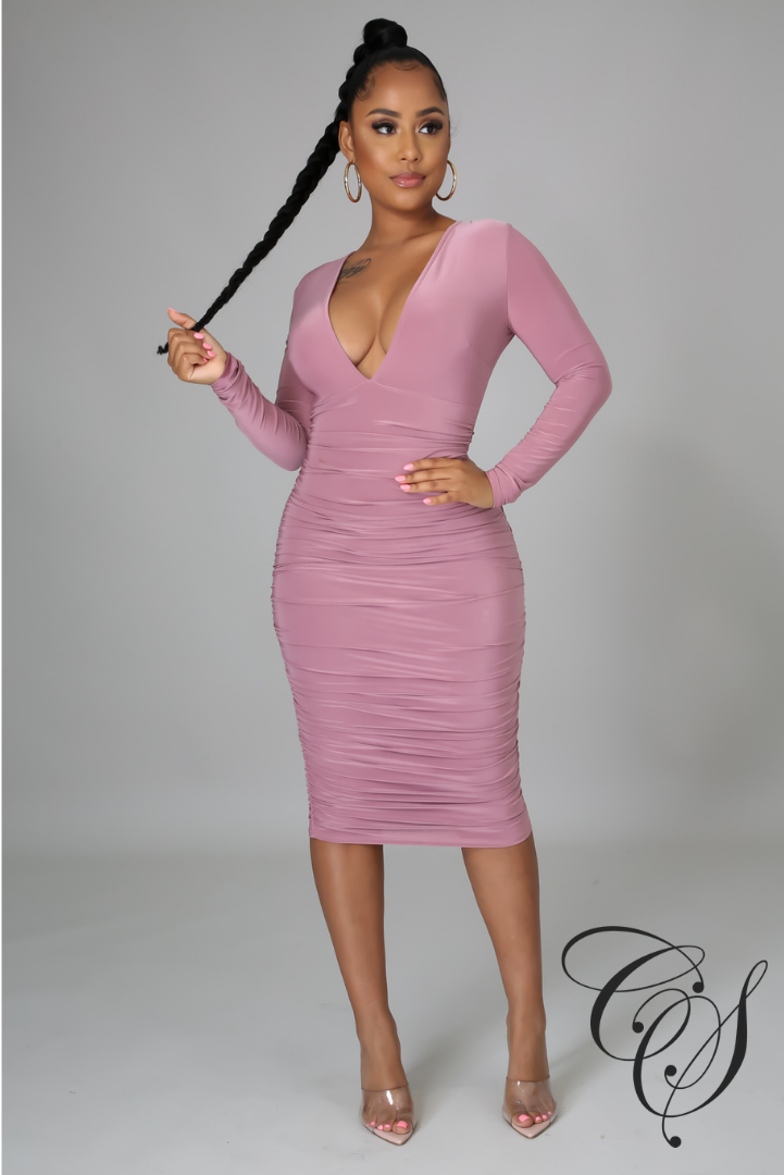 Dylan Ruched Deep V Double Layer Dress With Shirred Skirt