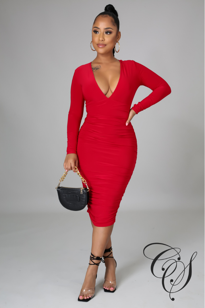 Dylan Ruched Deep V Double Layer Dress With Shirred Skirt