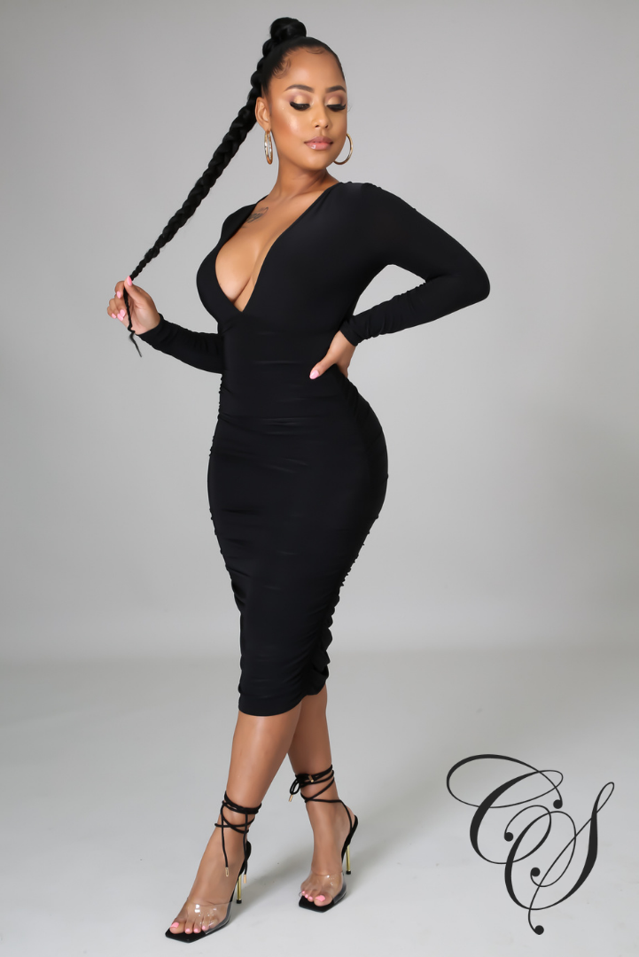 Dylan Ruched Deep V Double Layer Dress With Shirred Skirt