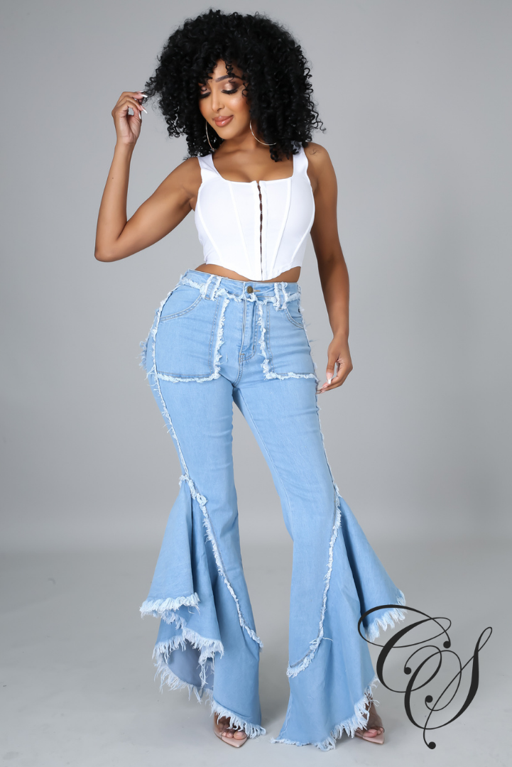 Elie Flare Denim Pants with Wing Ruffle Sides