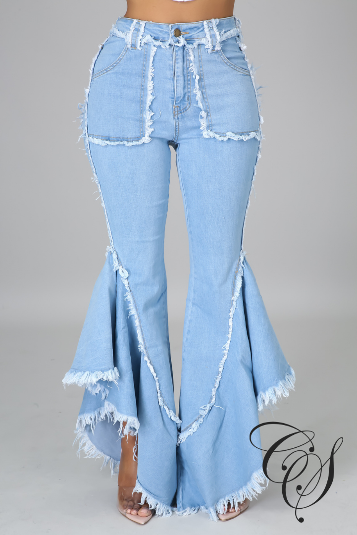 Elie Flare Denim Pants with Wing Ruffle Sides