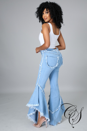 Elie Flare Denim Pants with Wing Ruffle Sides