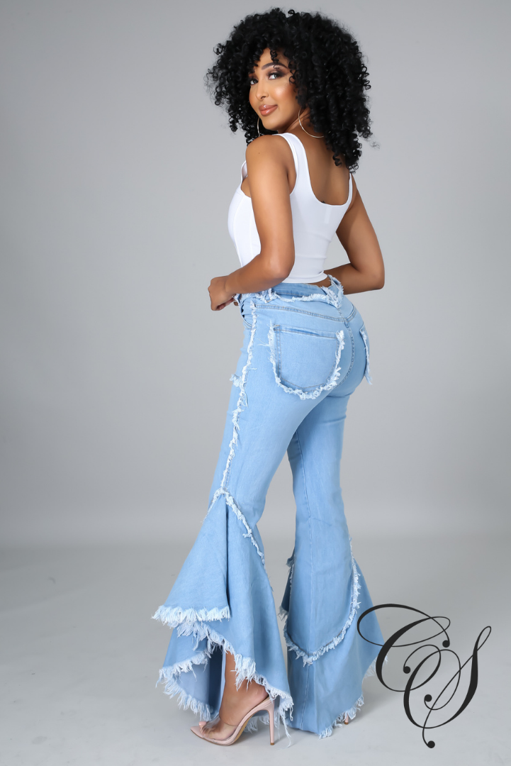 Elie Flare Denim Pants with Wing Ruffle Sides